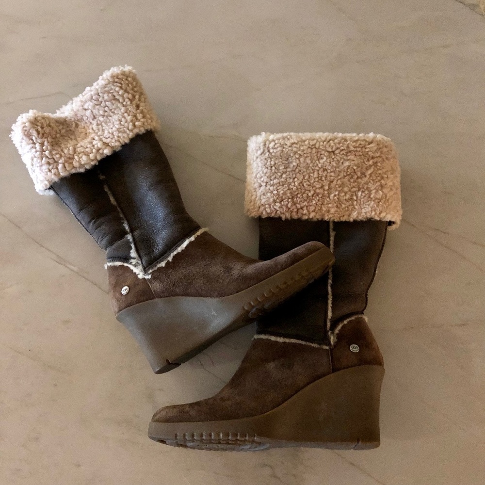 Women’s Brown Tall Zipper Wedge UGG Sandra BOOTS Ladies 8